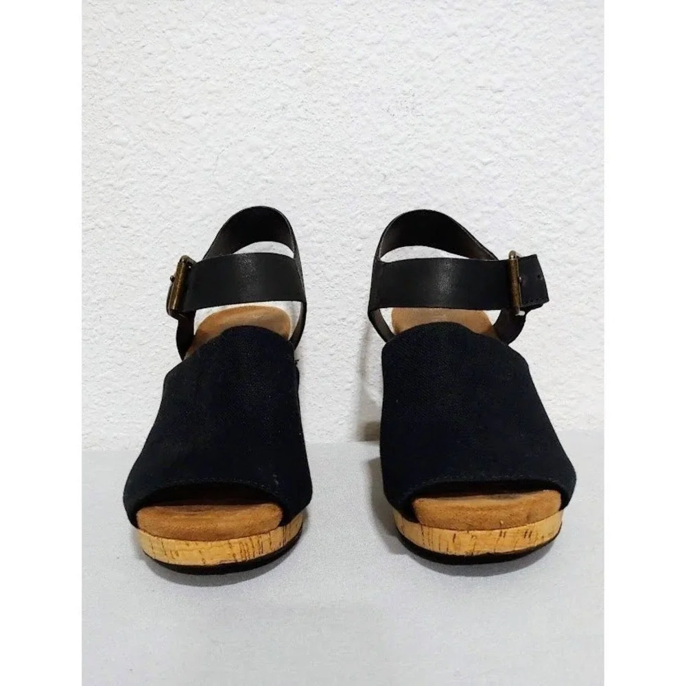 Toms Black Canvas and Cork Wedge Sandals with Ankle Strap